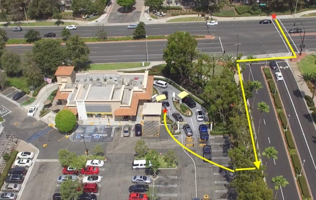 Actual image from the drone investigation. We were able to document the entire intersection and McDonalds restaurant proving our clients innocence
