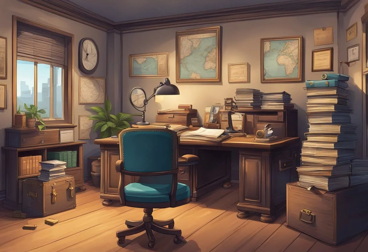 Investigator's desk featuring an open book and various investigation tools